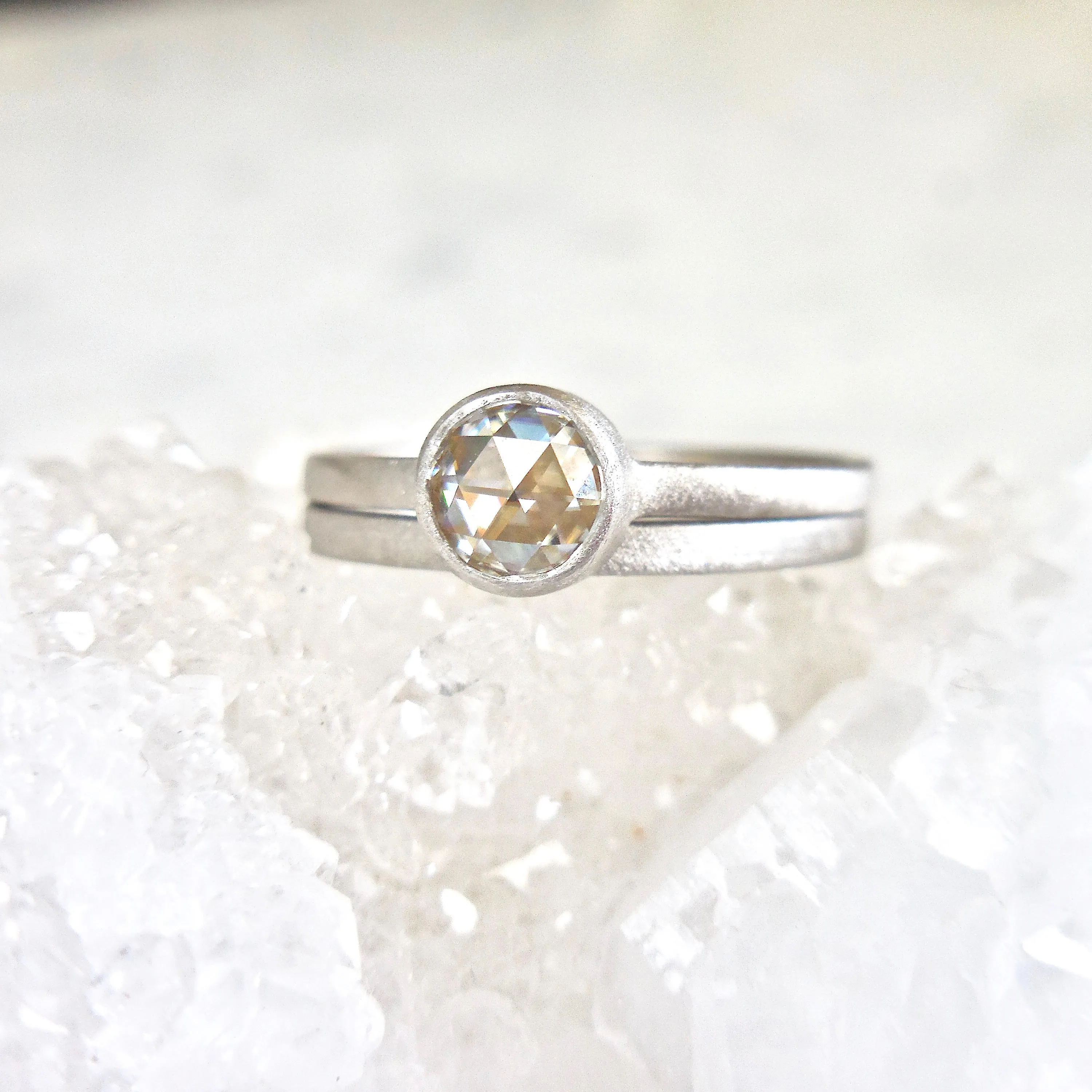 Moissanite Ring - Moissanite Engagement Ring - Bezel Rose Cut Moissanite Wedding Band Set