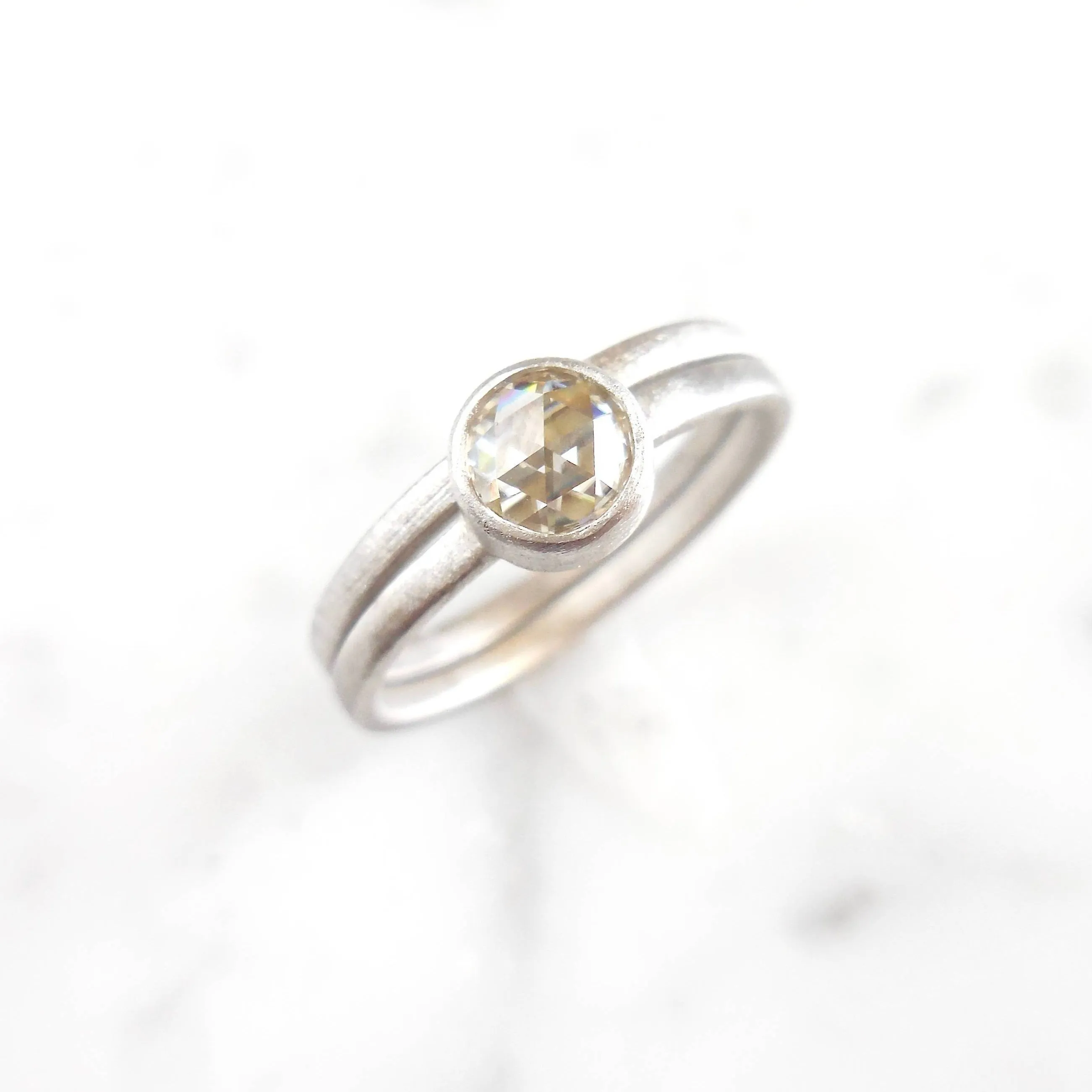 Moissanite Ring - Moissanite Engagement Ring - Bezel Rose Cut Moissanite Wedding Band Set