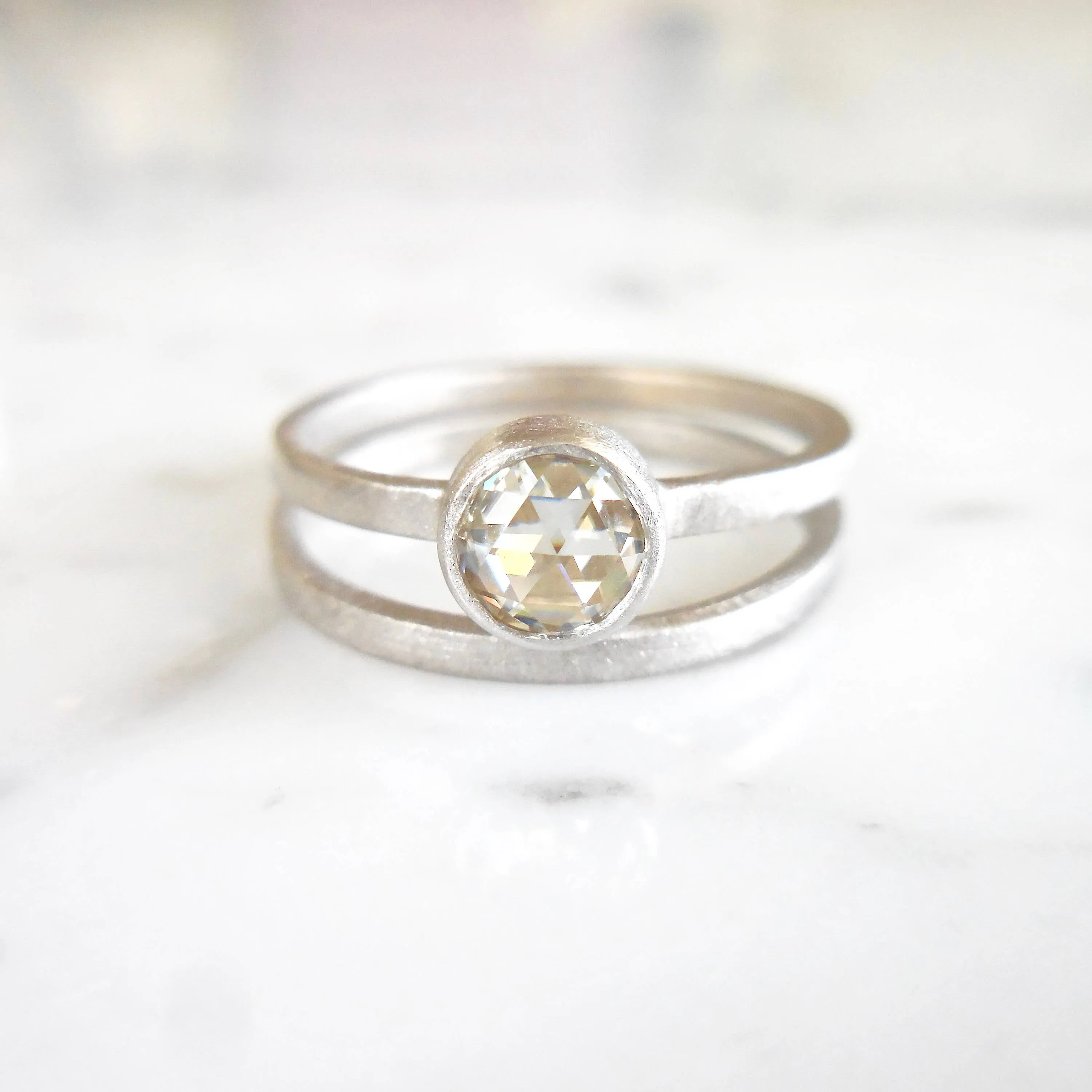 Moissanite Ring - Moissanite Engagement Ring - Bezel Rose Cut Moissanite Wedding Band Set