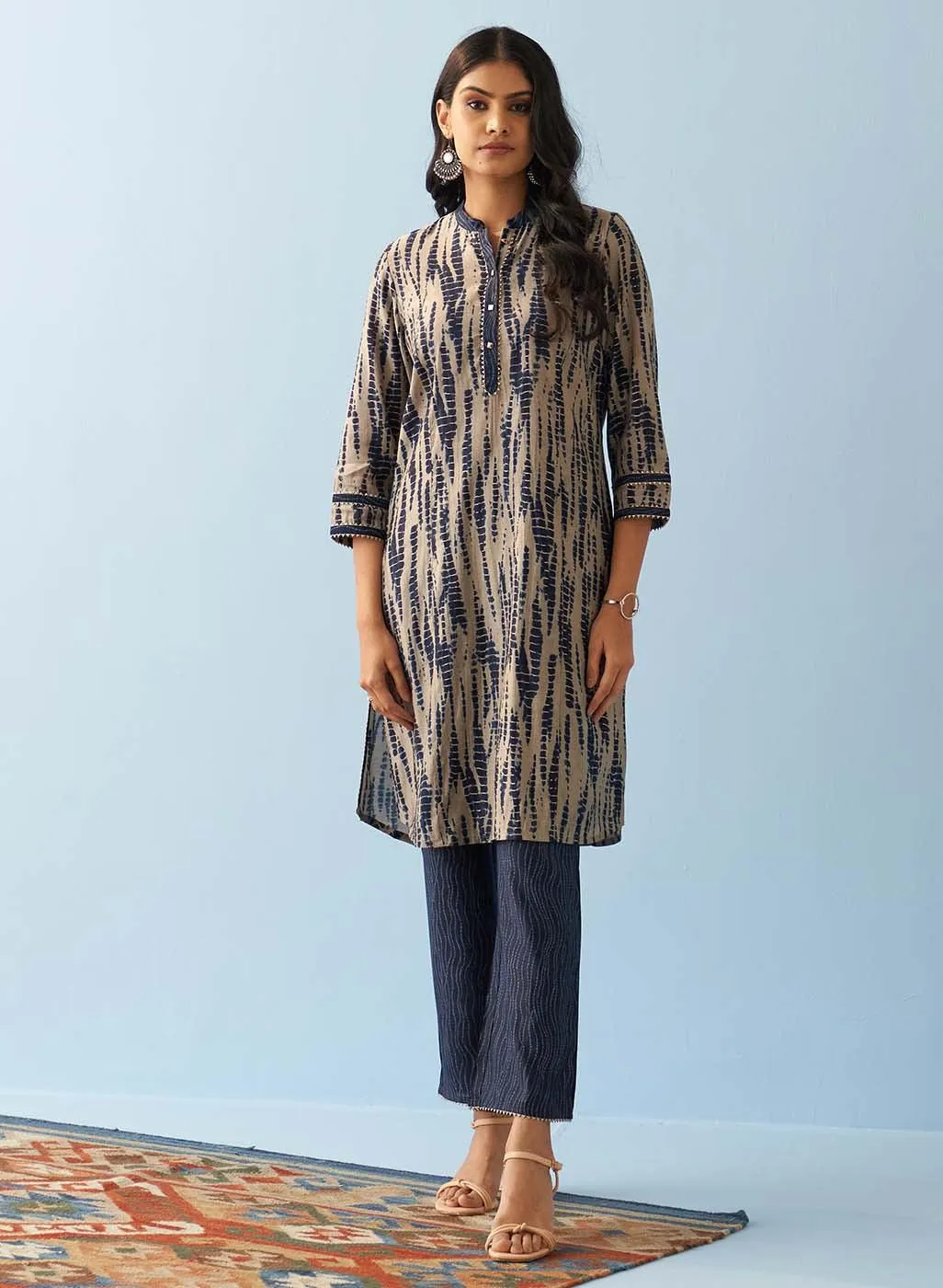 Navy Blue Printed Kurta Set with Mandarin Collar and Broad Border Sleeves