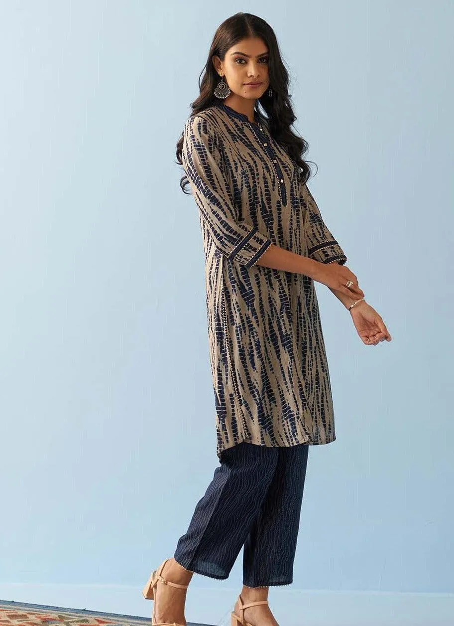 Navy Blue Printed Kurta Set with Mandarin Collar and Broad Border Sleeves