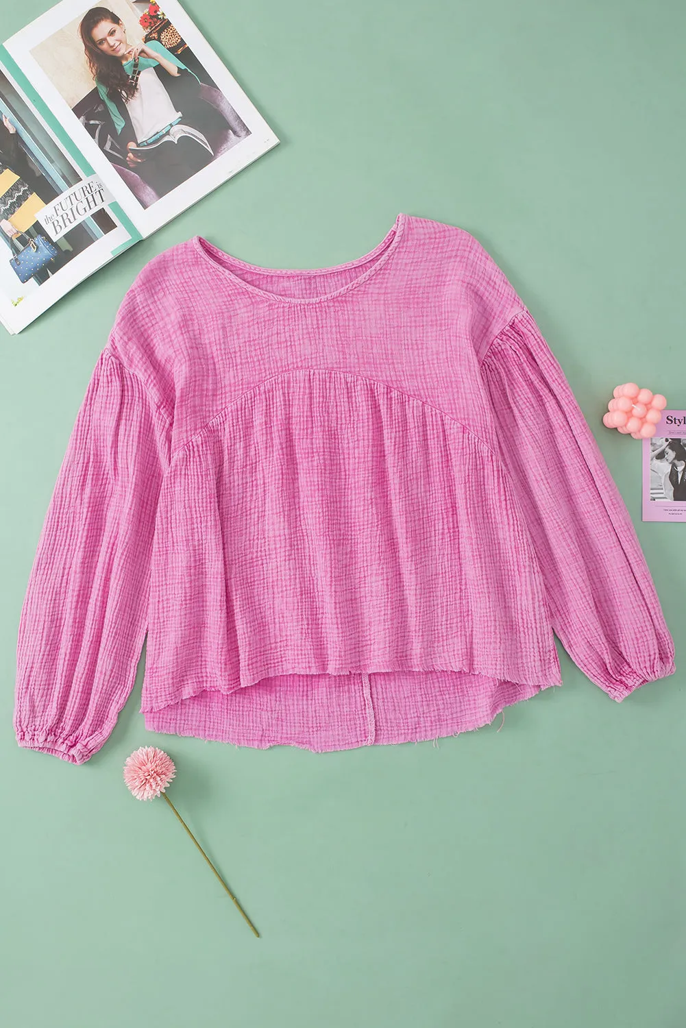 Pink Crinkle Bubble Sleeve Raw Hem Babydoll Blouse