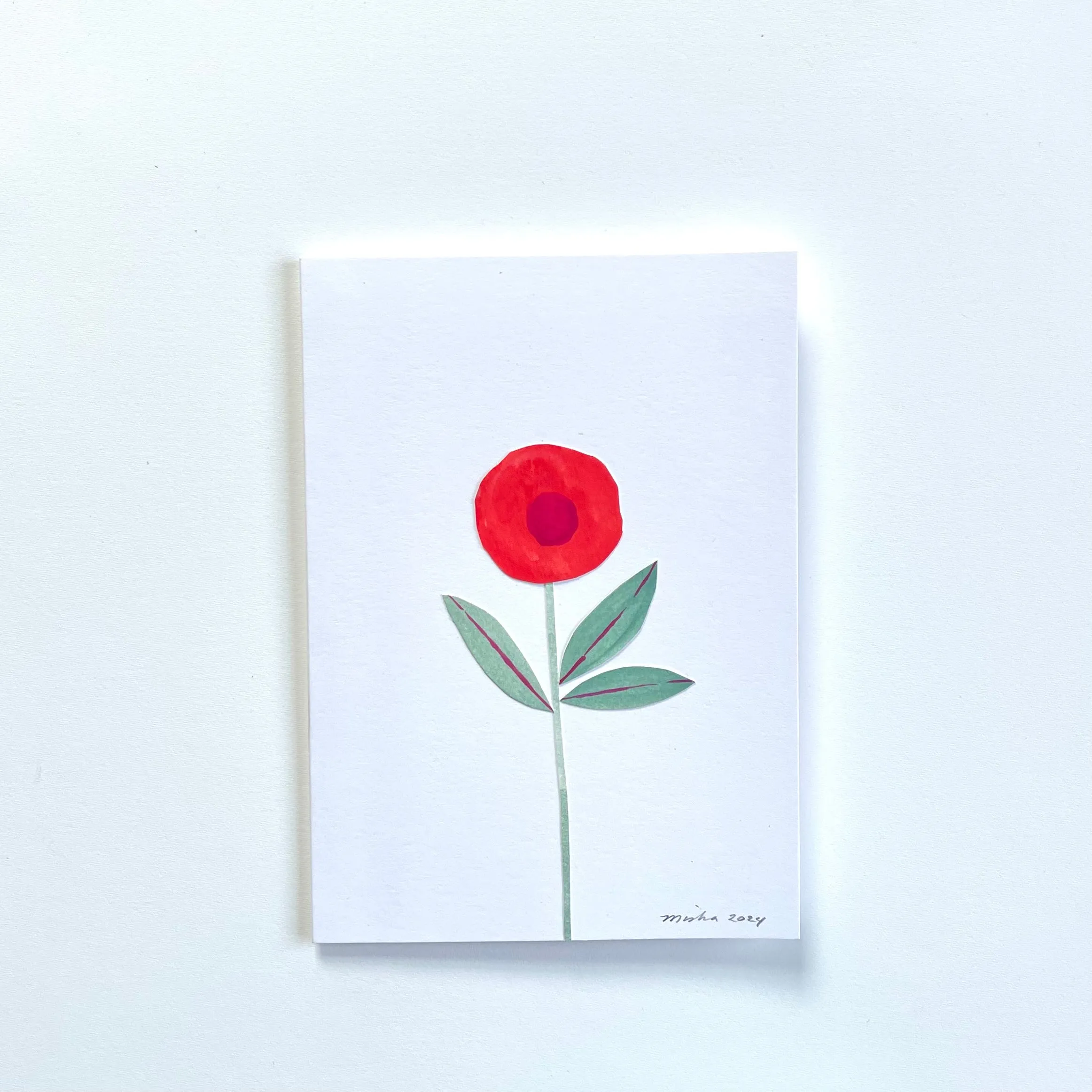 Red Poppy, Sage Leaves /  handmade full size card