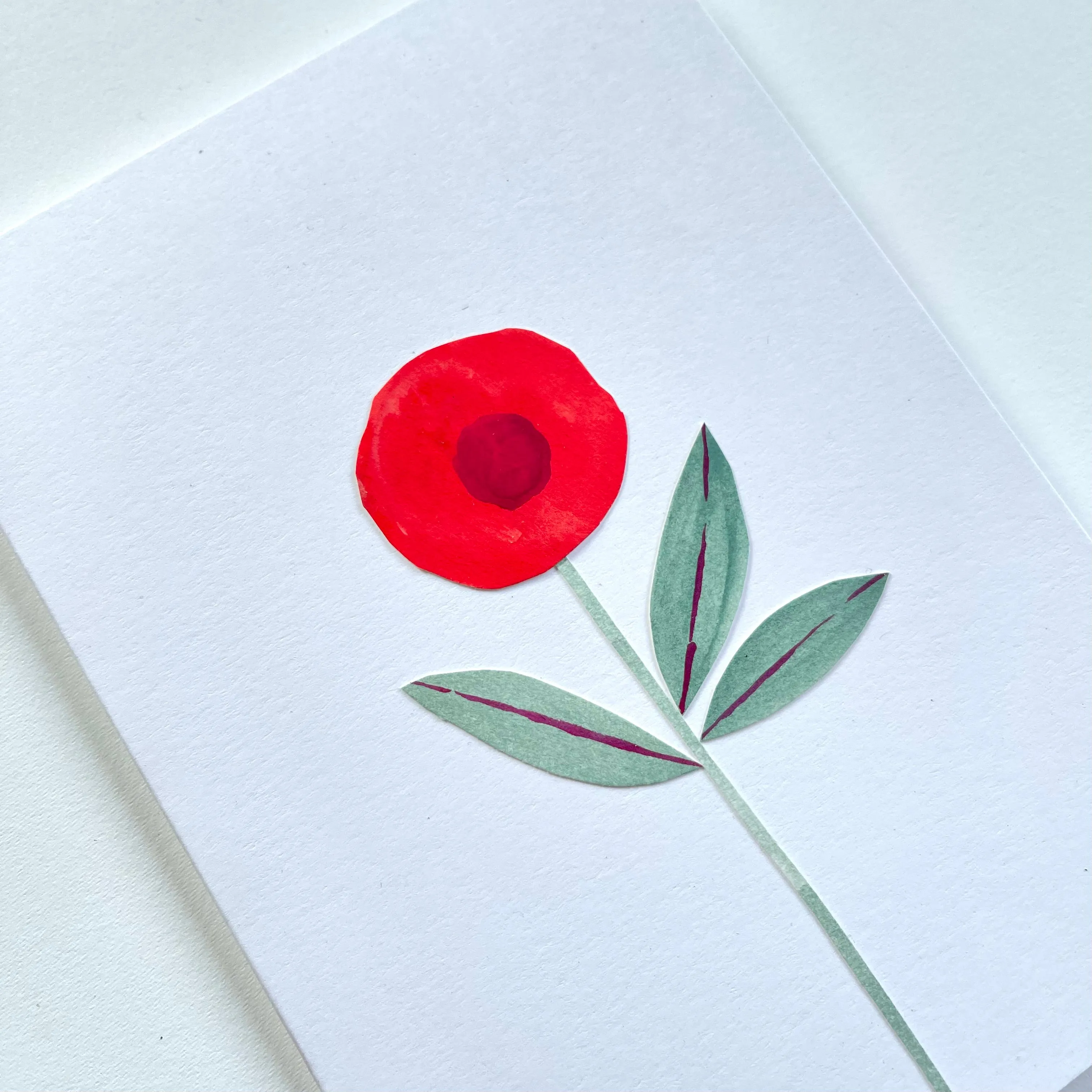 Red Poppy, Sage Leaves /  handmade full size card