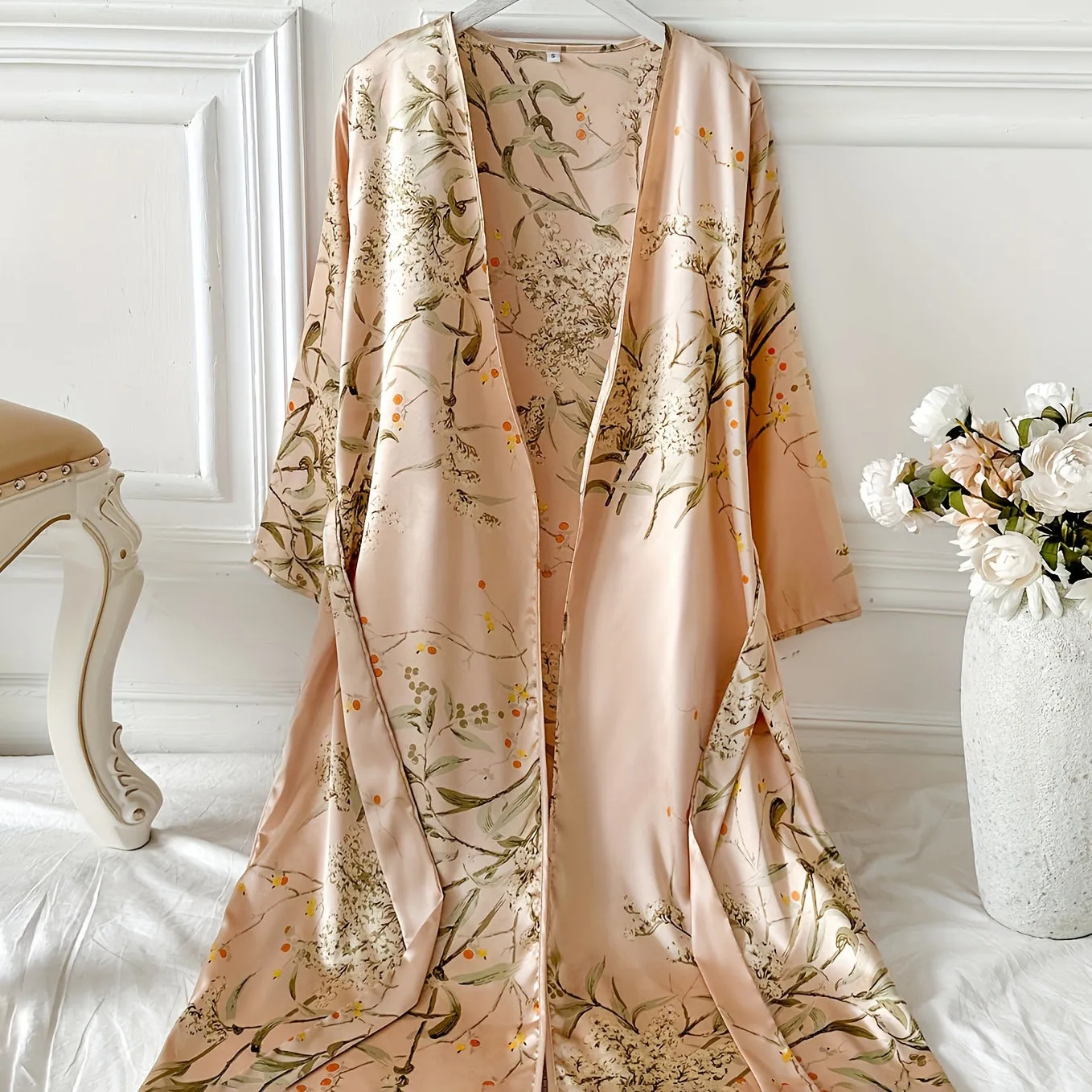 Sexy Deep V Neck Nightwear Silk Printing Silk Robe for Women