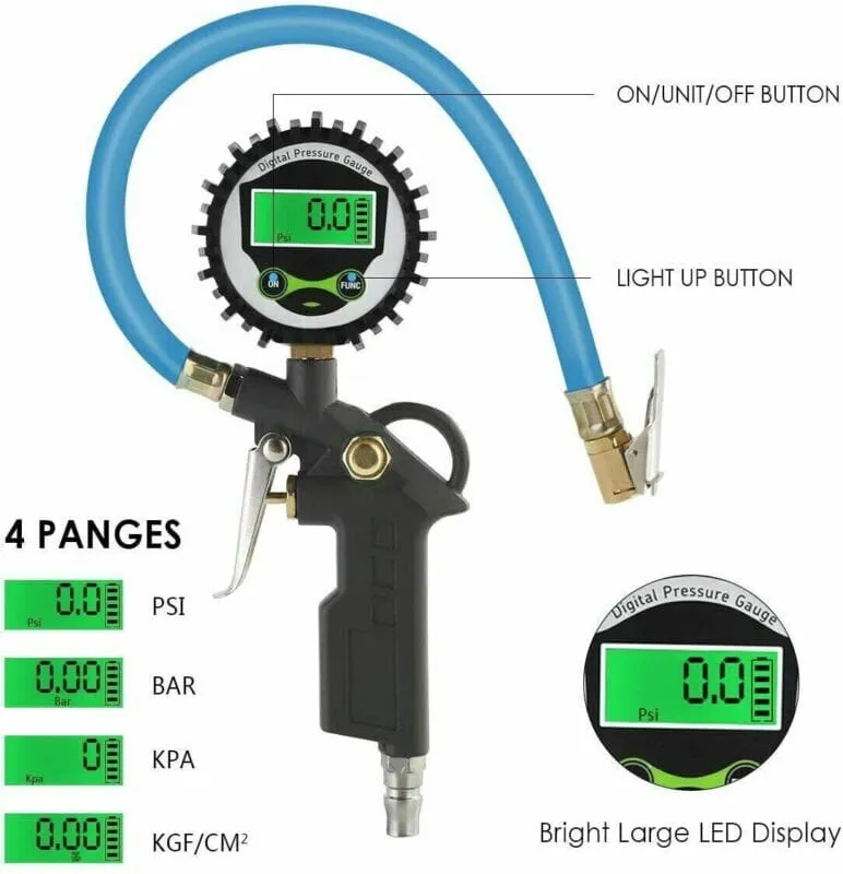 SMAXPro™ Digital Tire Inflator w/ Pressure Gauge: 250 PSI Air Chuck, Car/Bike/Truck