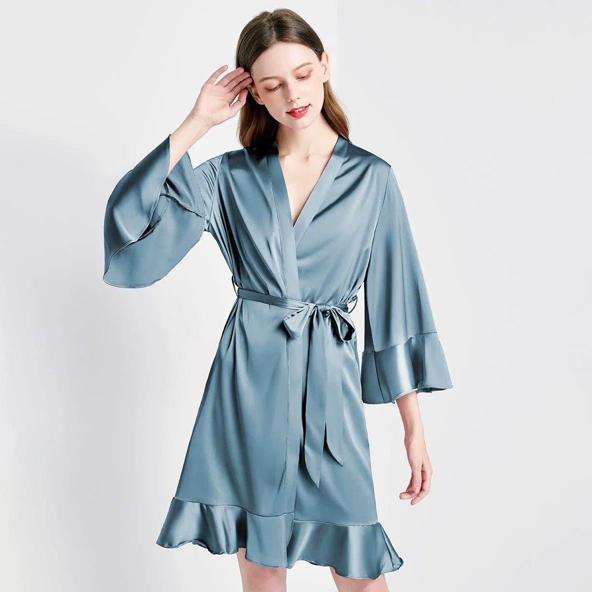 Solid Color For Women 100% Pure Silk Bathrobe With Belt