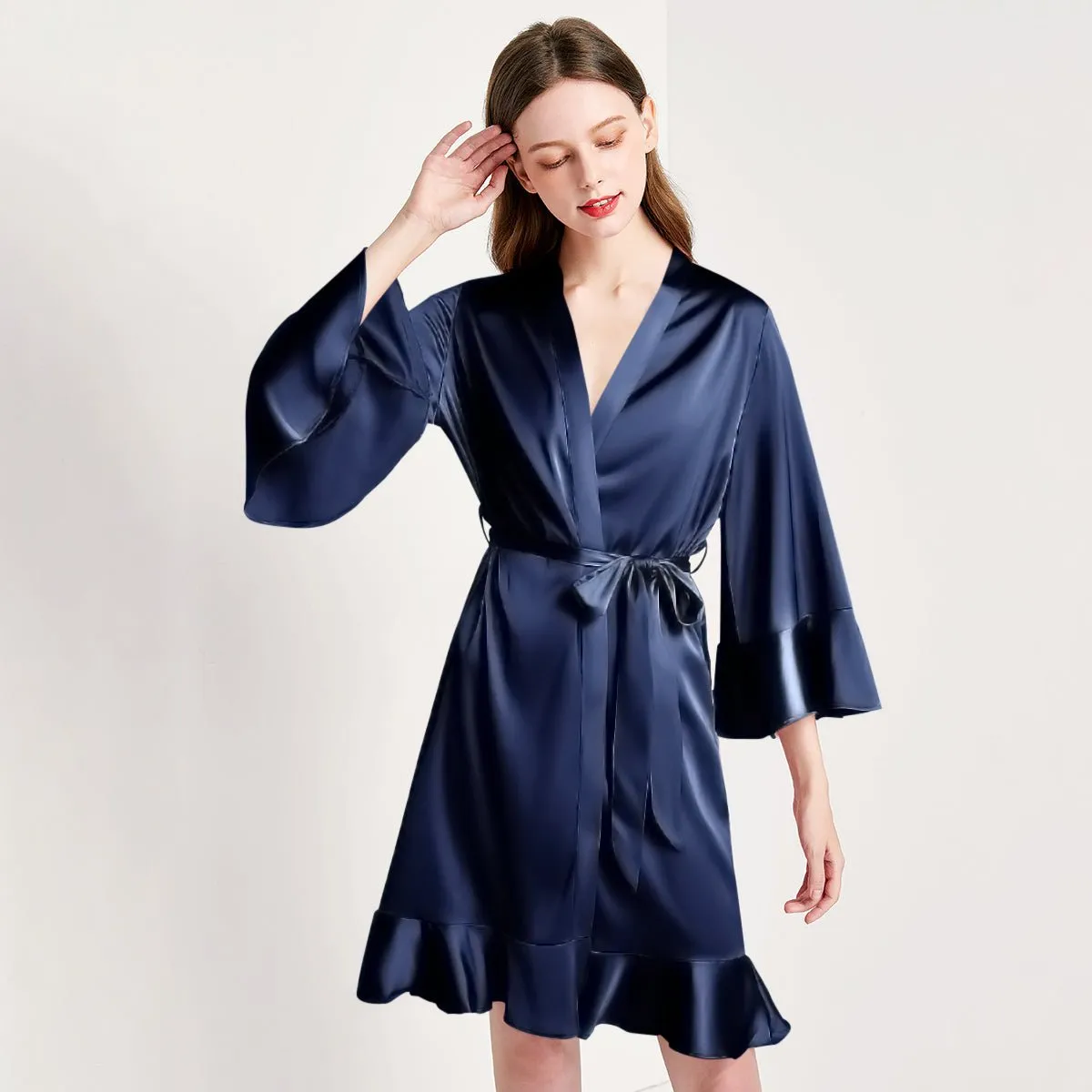 Solid Color For Women 100% Pure Silk Bathrobe With Belt