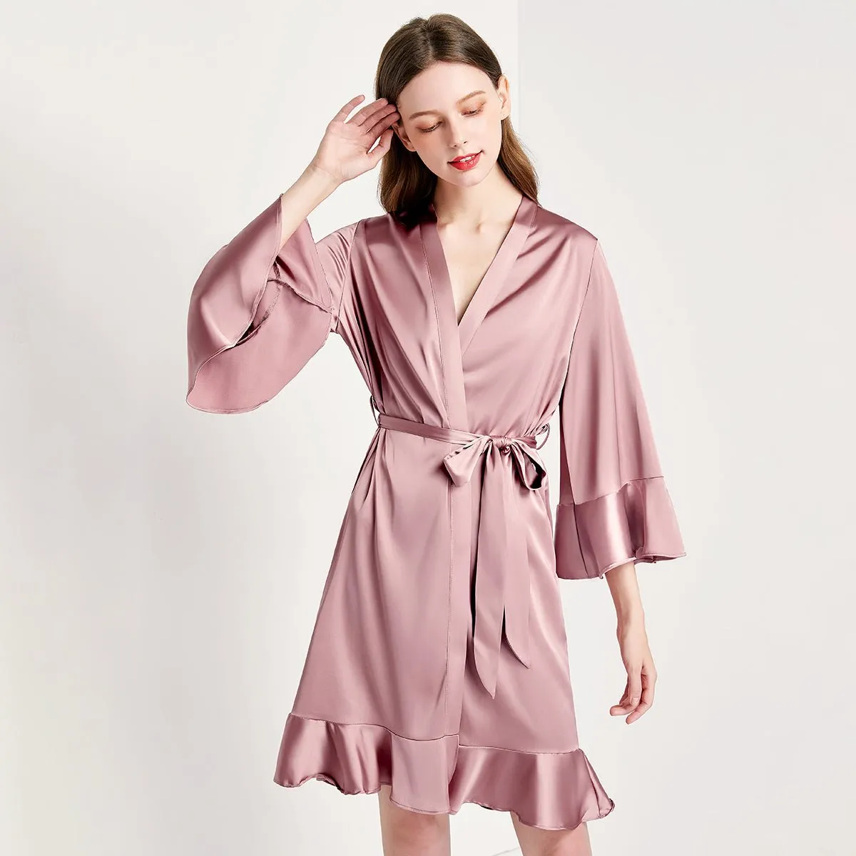 Solid Color For Women 100% Pure Silk Bathrobe With Belt