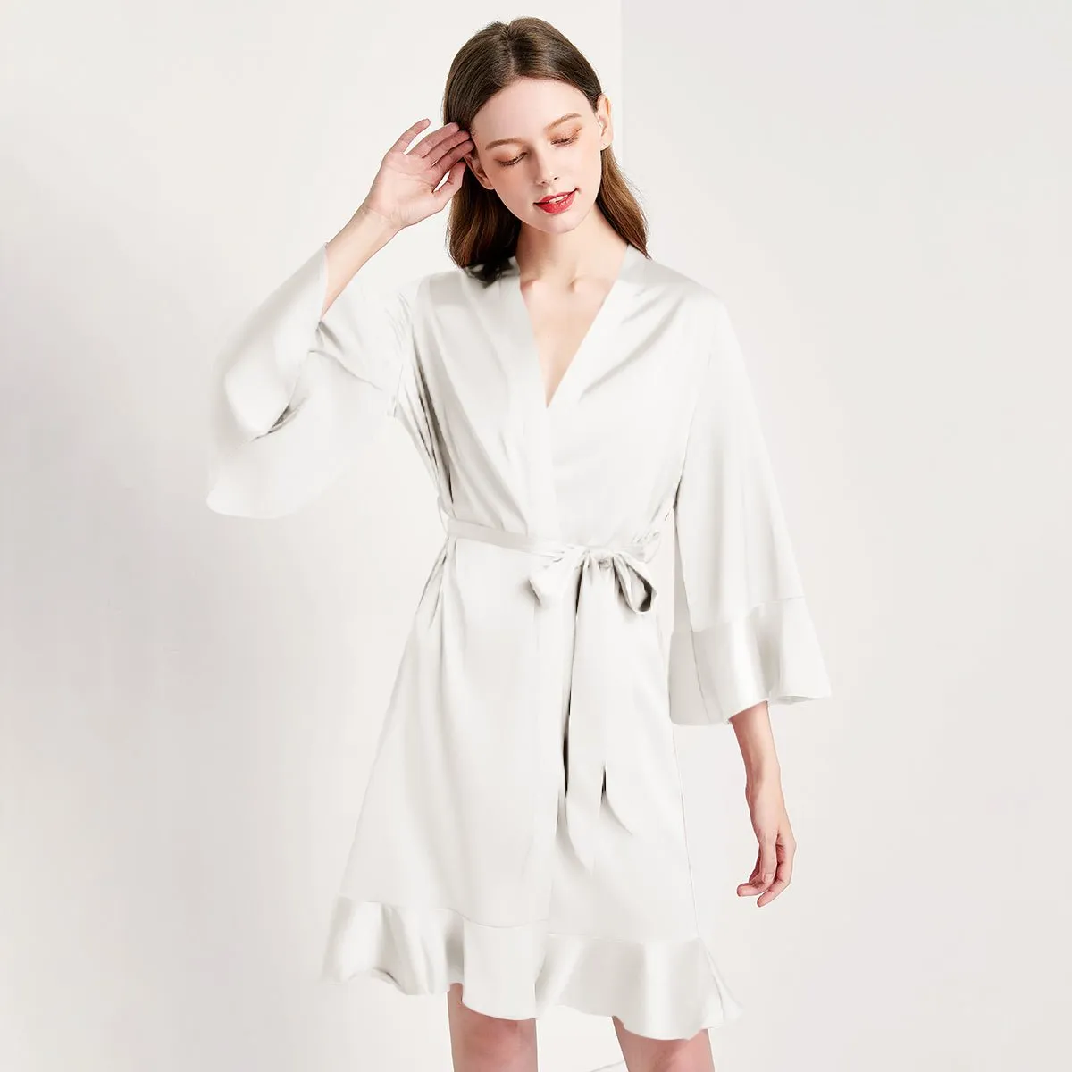 Solid Color For Women 100% Pure Silk Bathrobe With Belt