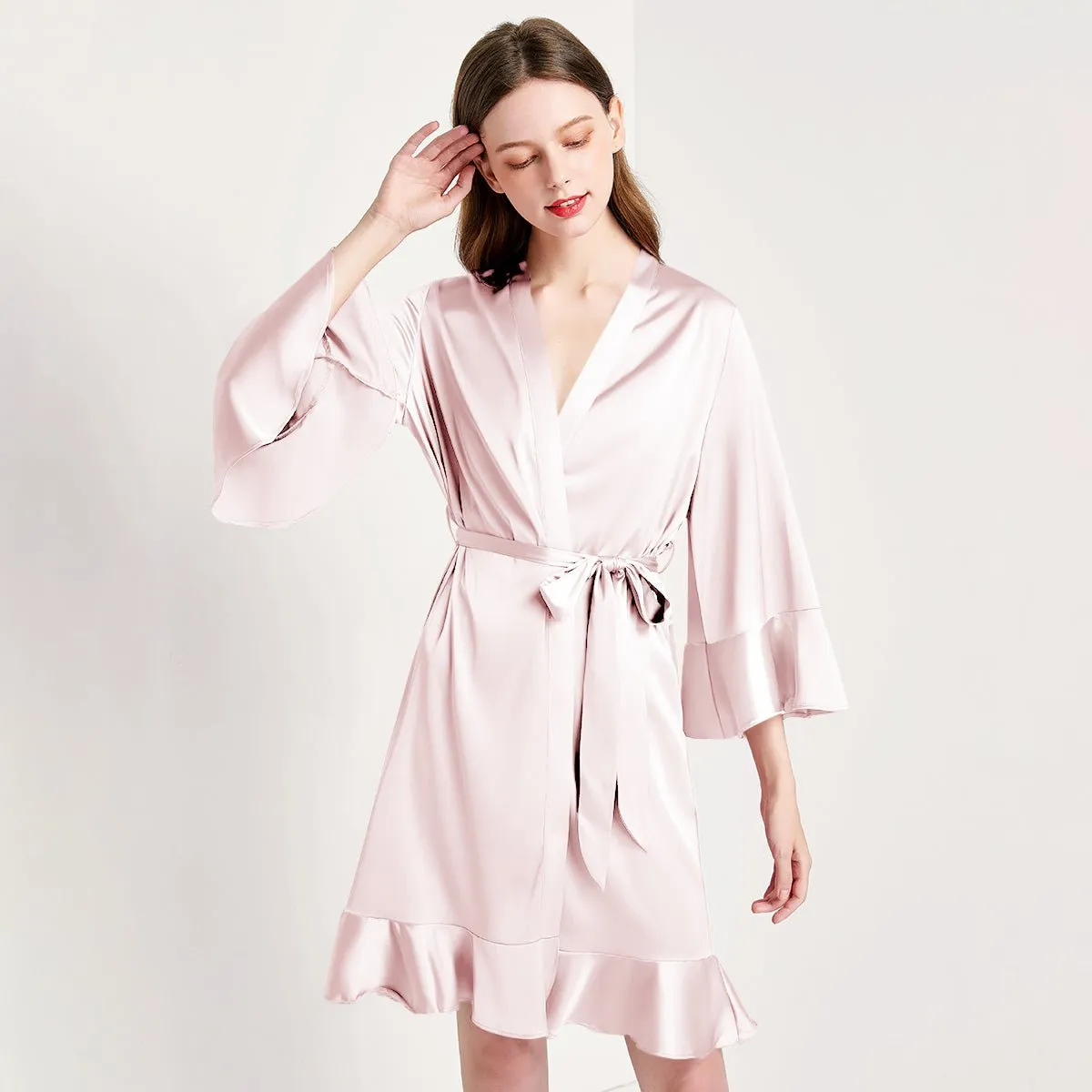 Solid Color For Women 100% Pure Silk Bathrobe With Belt