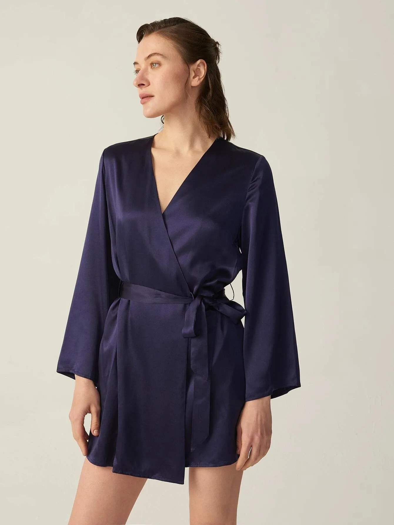 V Neck Mulberry Short Silk Long Sleeve for Women 100% Pure Silk Night Robe with Belt