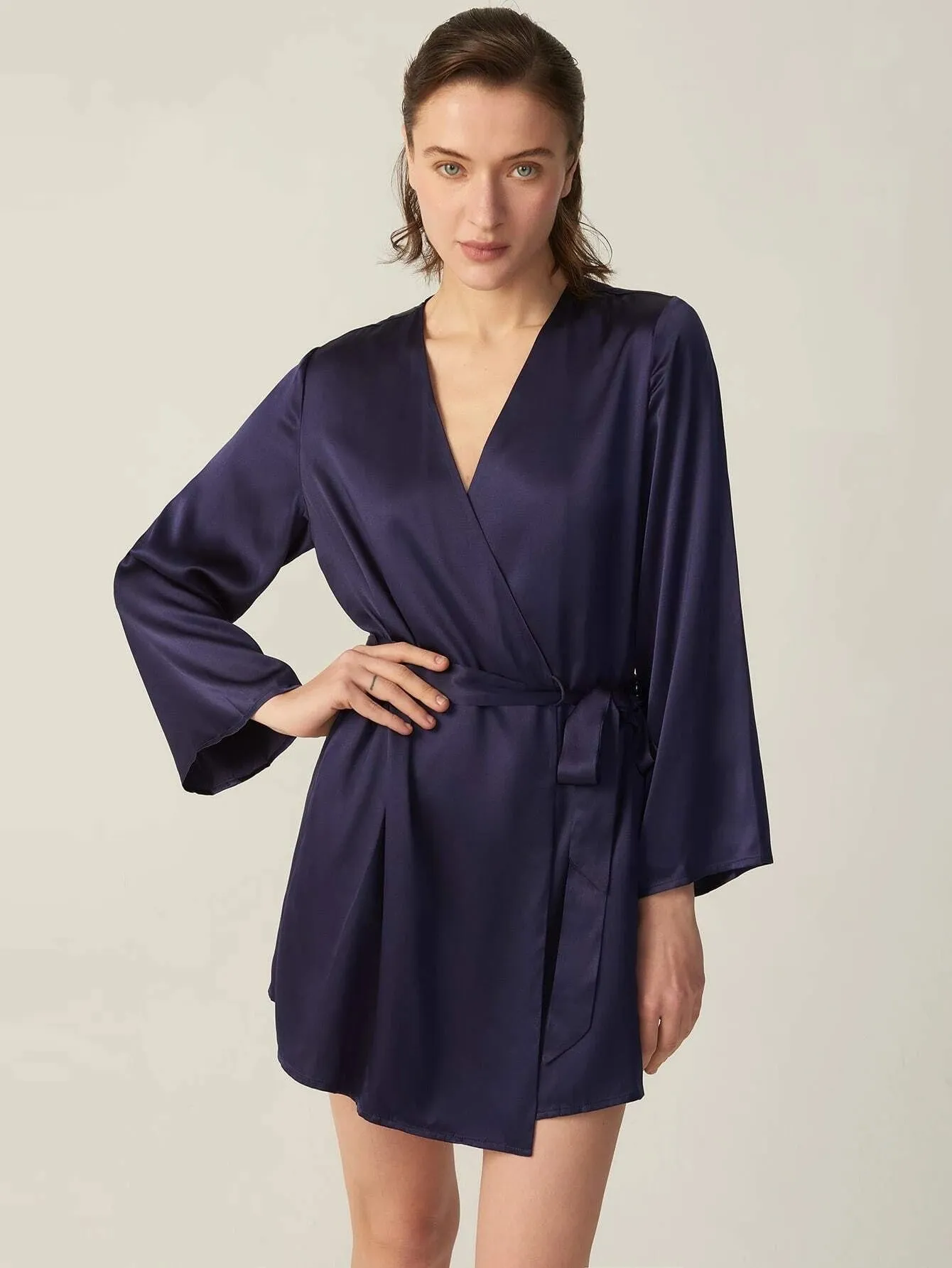 V Neck Mulberry Short Silk Long Sleeve for Women 100% Pure Silk Night Robe with Belt