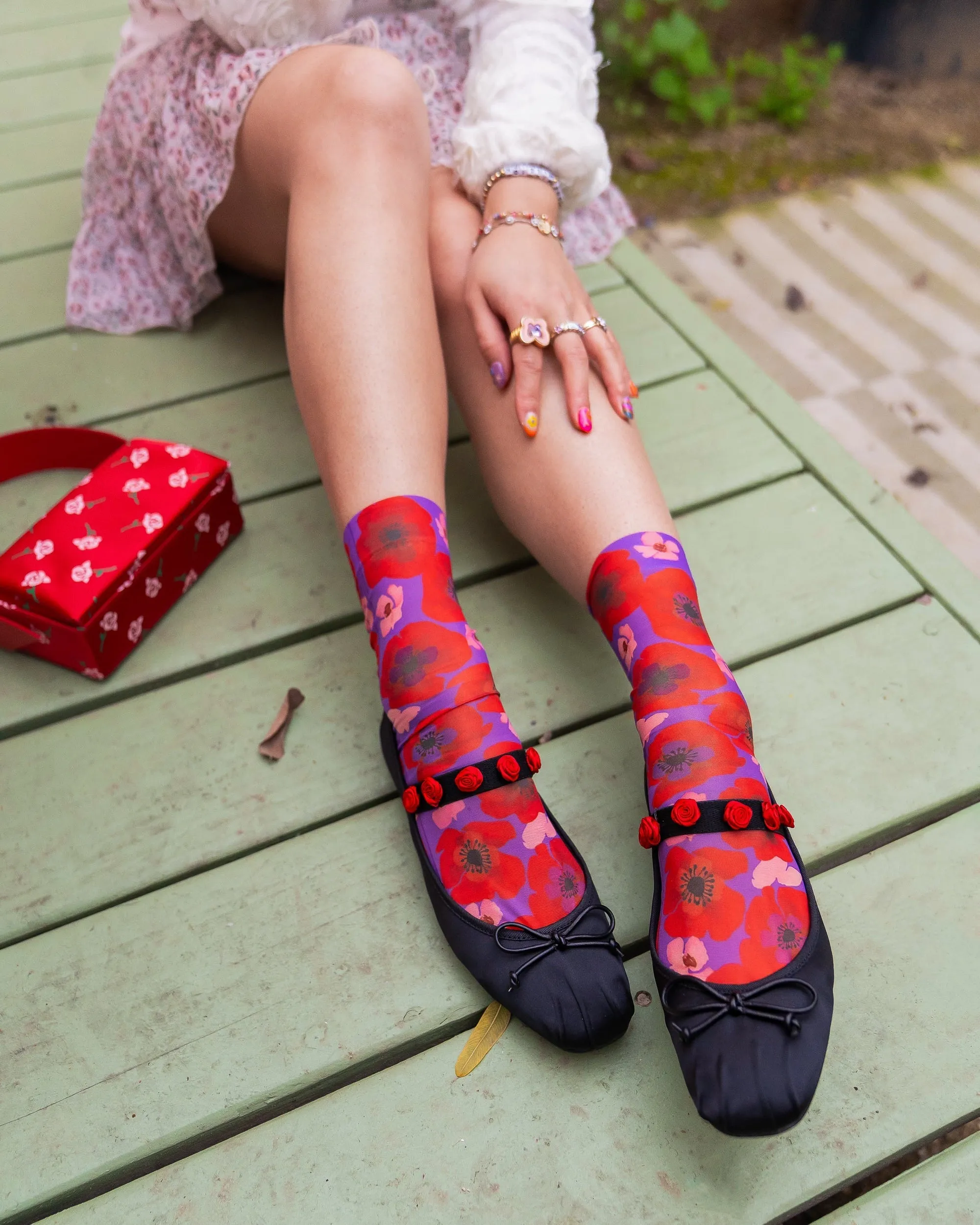 Watercolor Poppy Printed Ankle Sock