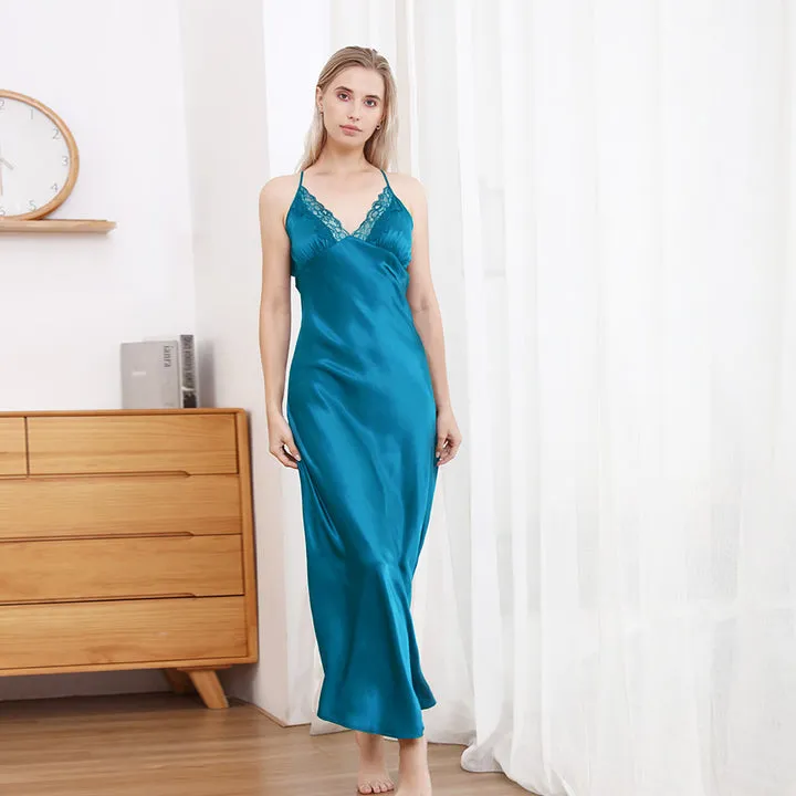 Womens Sexy Lace V Neck Silk Nightgown 22 Momme Pure Silk Full Length Night Dress Sleepwear